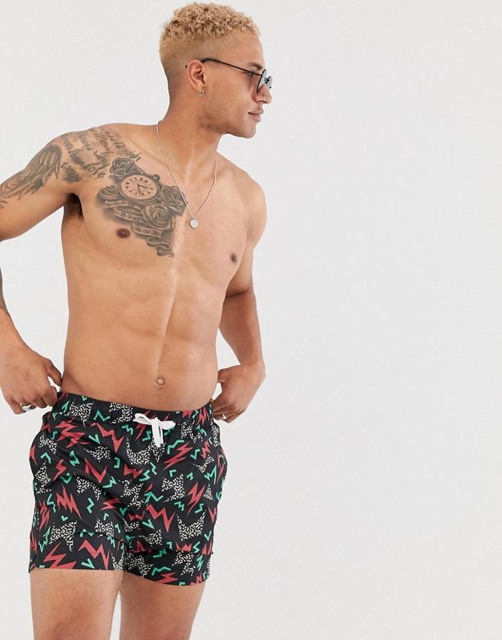 Bershka Swim Shorts With Geometric Print In Black - Black