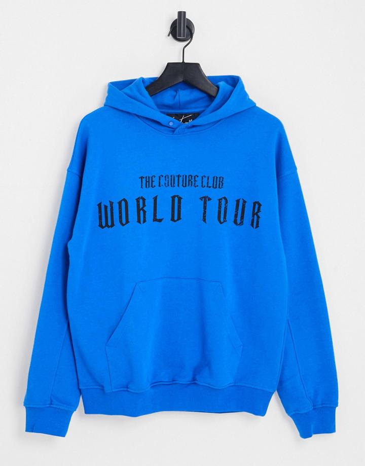 The Couture Club Hoodie In Blue 'world Tour' Heart Backprint