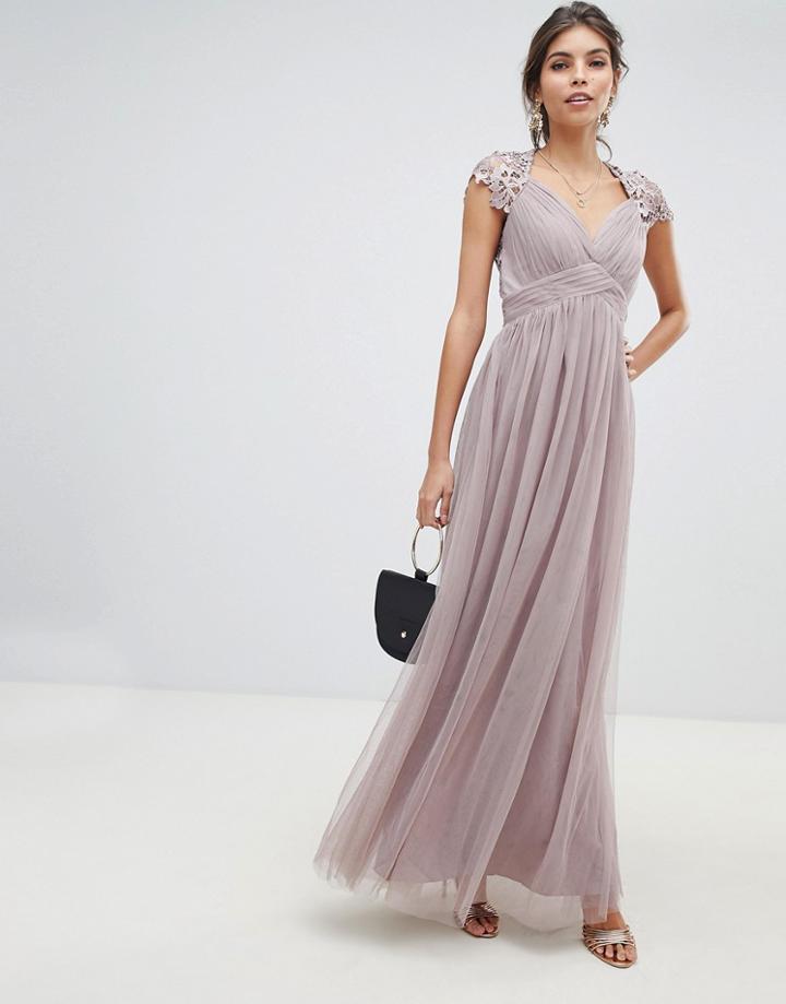 Little Mistress Sheer Crochet Back And Cap Sleeve Empire Waist Mesh Maxi Dress-gray