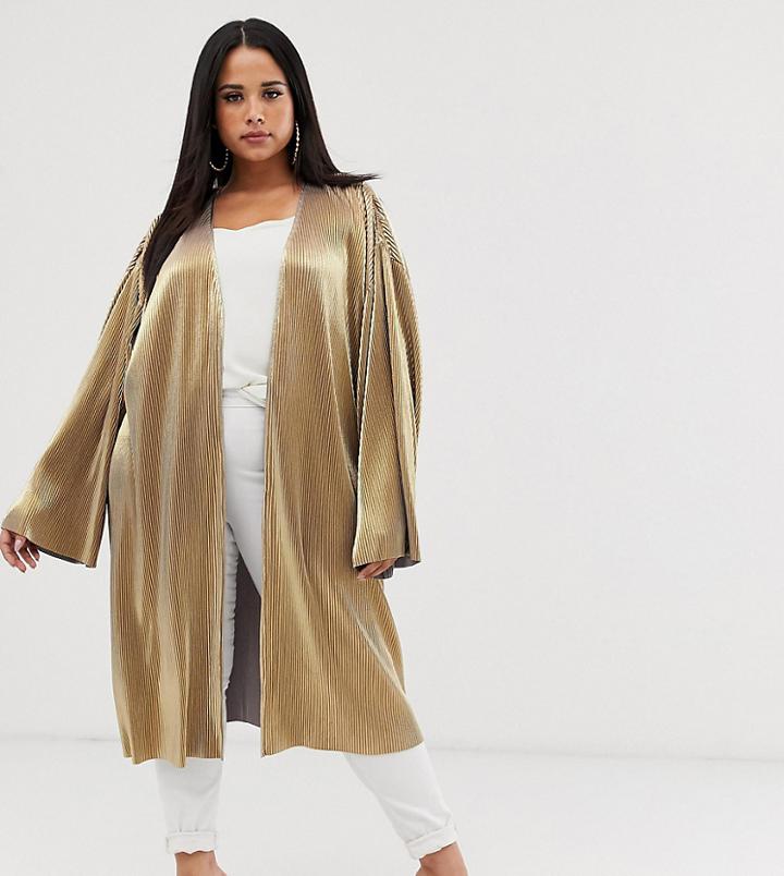 Asos Design Curve Gold Plisse Kimono Jacket - Gold