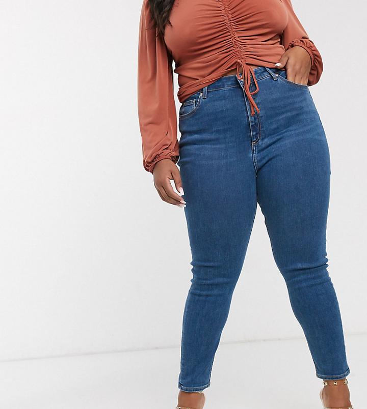 Asos Design Curve High Rise Ridley 'skinny' Jeans In Bright Midwash Blue-blues