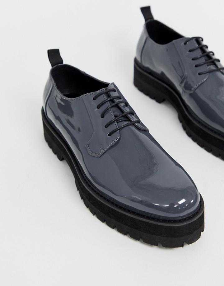 Asos Design Lace Up Shoes In Gray Faux Leather On Raised Chunky Sole - Gray