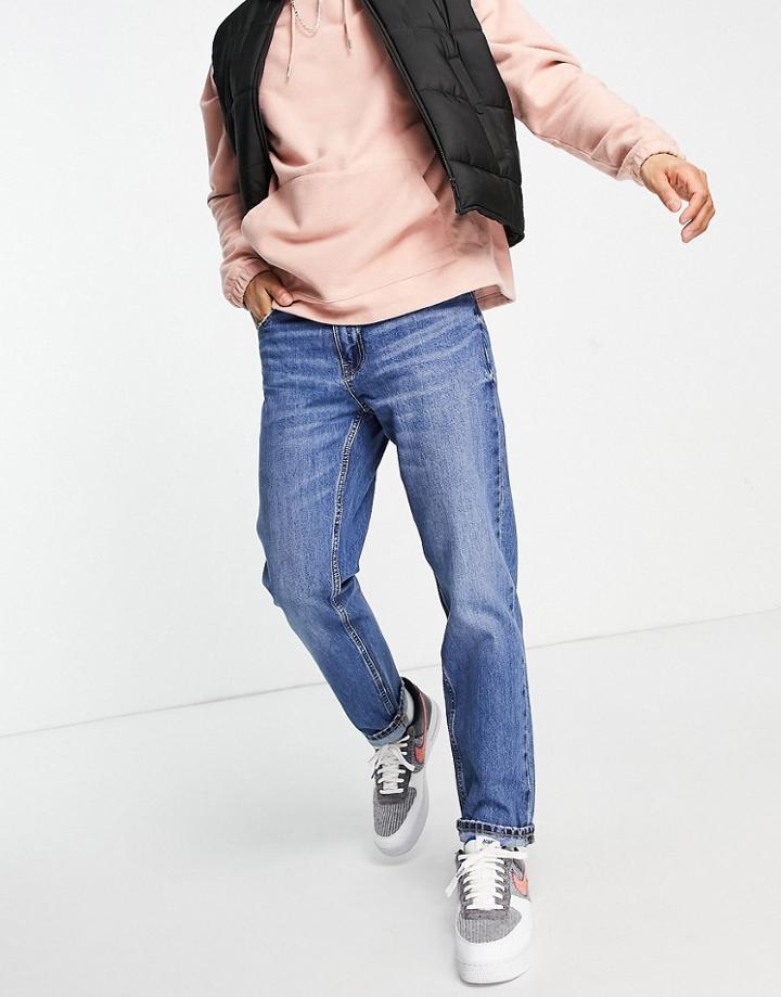Bershka Vintage Straight Fit Jeans In Mid Blue-blues