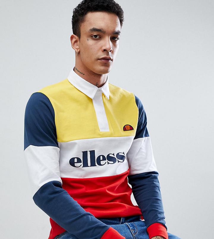 Ellesse Long Sleeve Polo Shirt With Block Panels In Yellow - Yellow