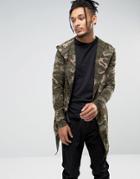 Bershka Longline Hooded Jacket In Camo Jersey - Green