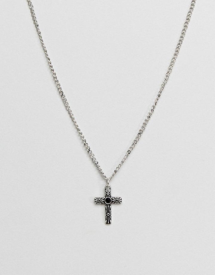 Asos Design Necklace With Cross Pendant In Burnished Silver - Silver
