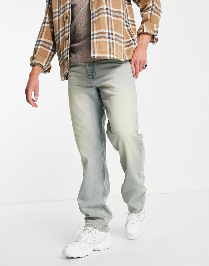 Asos Design Straight Leg Jeans In Tinted Mid Wash-blues