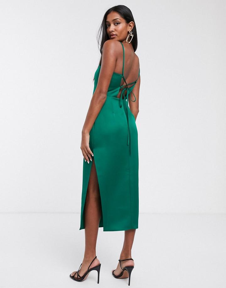 Asos Design Structured Satin Strappy Back Pencil Midi Pencil Dress-green