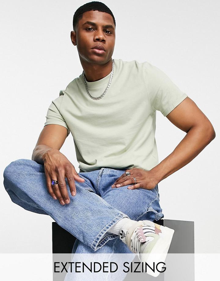 Asos Design T-shirt With Roll Sleeve In Washed Khaki-green