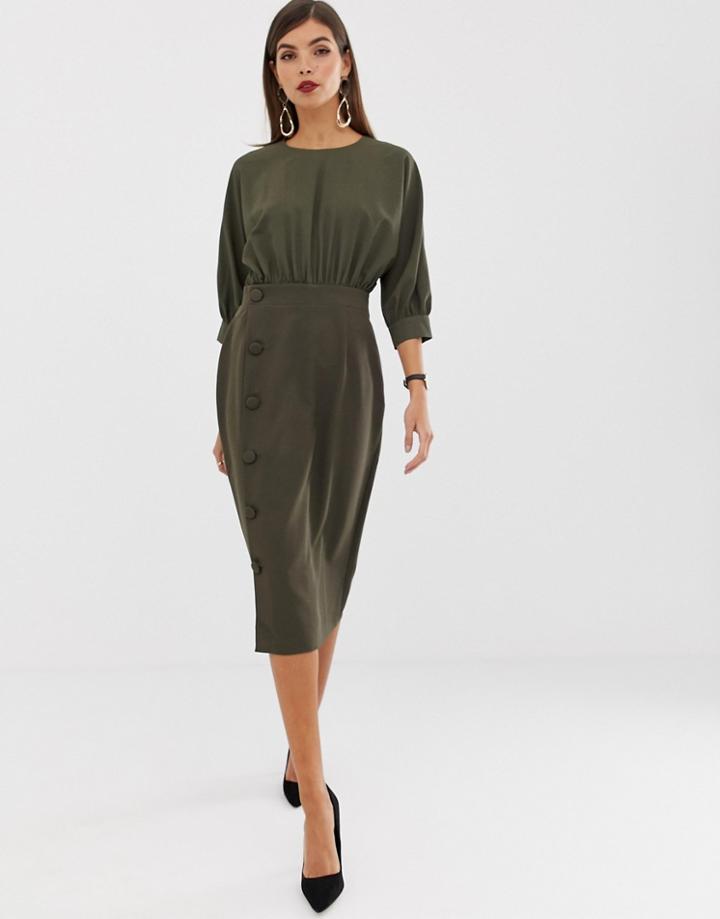 Asos Design Midi Pencil Dress With Button Skirt-green