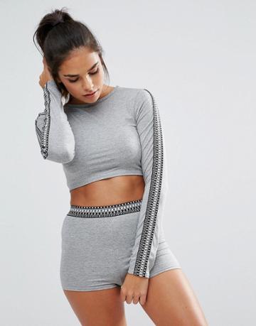 Baziic Long Sleeve Crop Top - Gray
