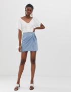 Asos Design Soft Wrap Mini Skirt In Lightwash Blue - Blue