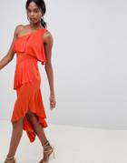 Asos Design One Shoulder Drapey Tiered Midi Dress-orange