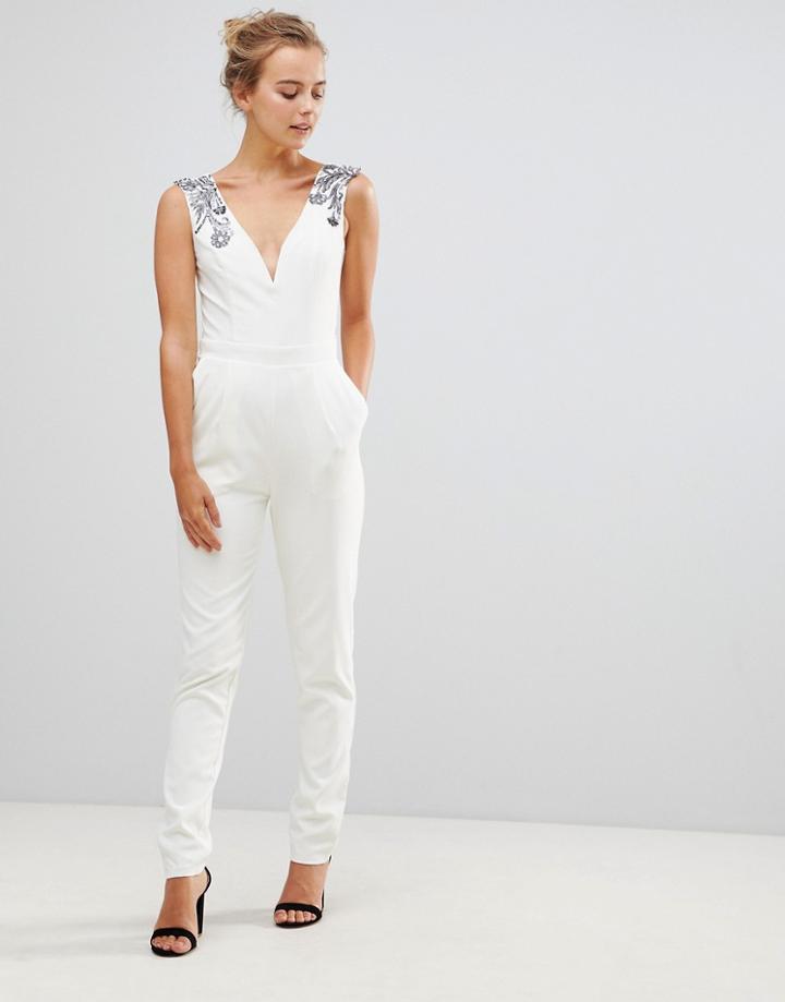 Little Mistress Tailored Jumpsuit With Embellished Detail - Cream