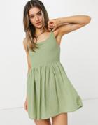 Asos Design Shirred Mini Skater Sundress With Scoop Back In Khaki-green