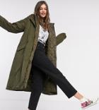 Asos Design Tall Double Layered Quilted Parka In Khaki-green