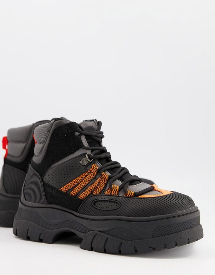 Asos Design Lace Up Boots In Black And Gray Faux Leather With Orange Details