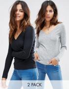 Asos Fitted V Neck T-shirt In Slub 2 Pack - Multi