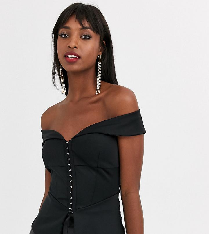 Asos Design Tall Off Shoulder Pep Hem Top With Hook And Eye Detail In Black