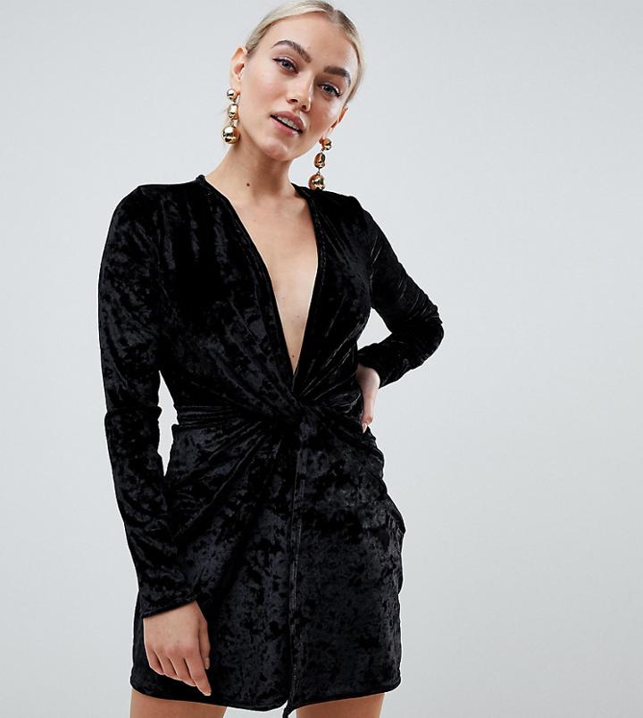 Missguided Petite Velvet Twist Front Mini Dress In Black - Black