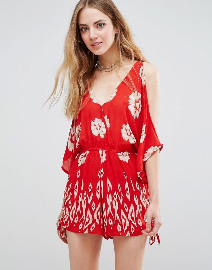 Band Of Gypsies Floral Print Cold Shoulder Romper - Red