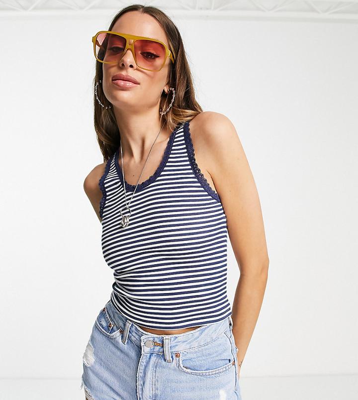 Topshop Tall Stripe Lace Tank Top In Navy