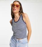 Topshop Tall Stripe Lace Tank Top In Navy