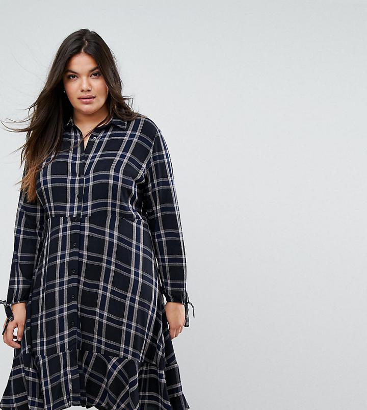 Simply Be Frill Hem Check Shirt Dress - Multi