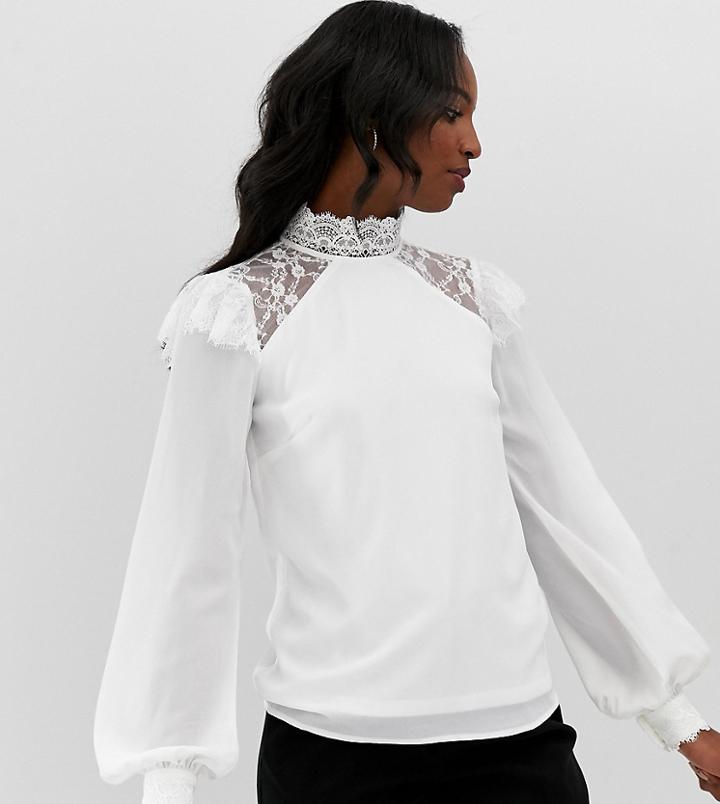 Fashion Union Tall High Neck Long Sleeve Top With Lace Detail - White