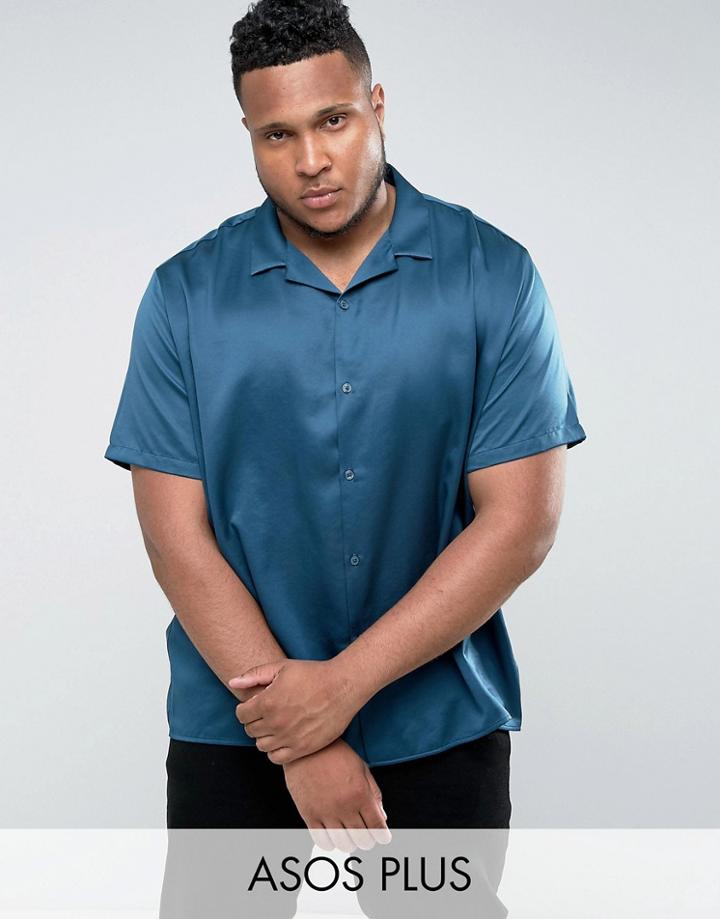Asos Plus Oversized Sateen Shirt With Revere Collar In Teal - Green