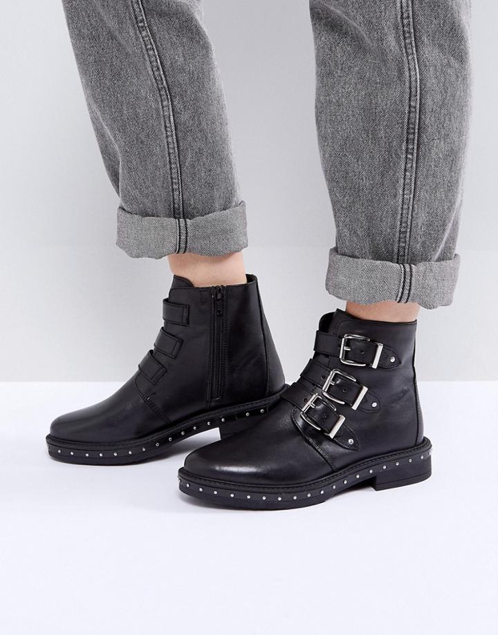 Steve Madden Matika Studded Leather Buckle Ankle Boots - Black