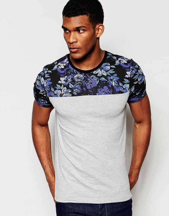 Asos Muscle T-shirt With Floral Yoke And Sleeves In Gray - Gray Marl
