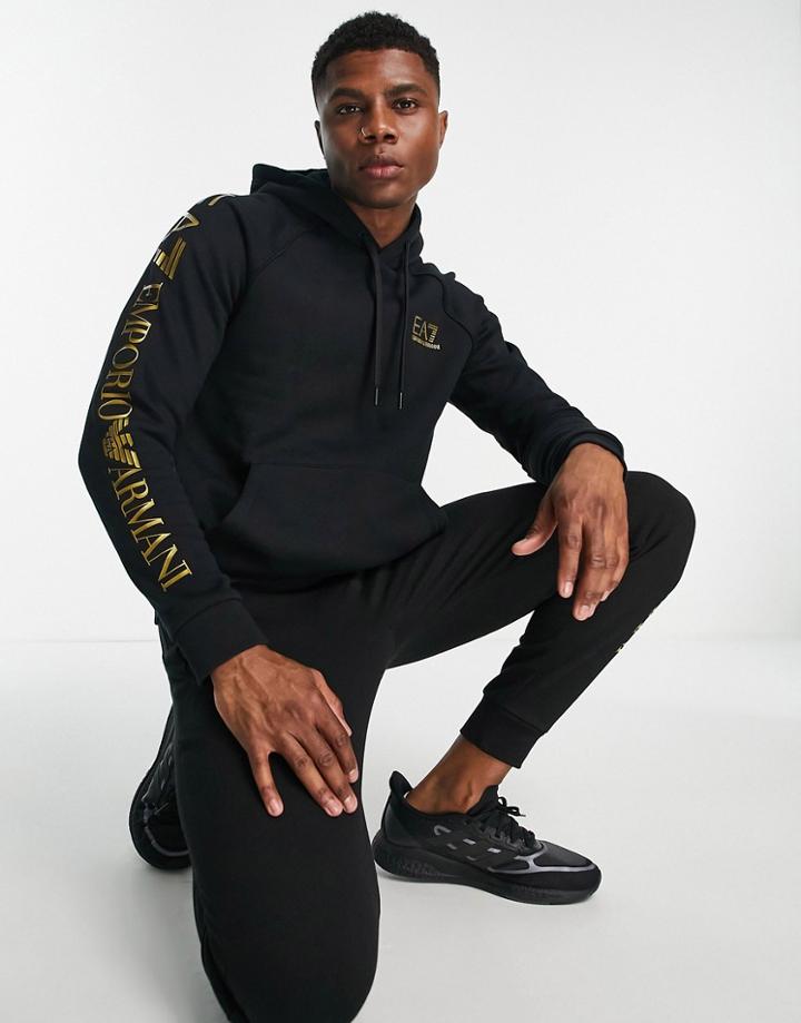 Armani Ea7 Large Side Gold Logo Hoodie In Black