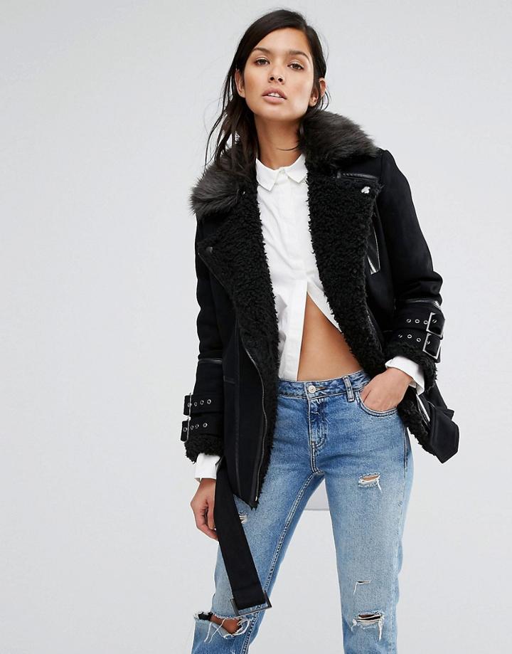 Neon Rose Longline Fur Trim Aviator Jacket - Black
