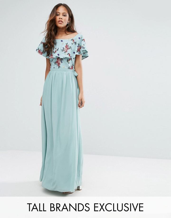 Little Mistress Tall Floral Embroidered Off Shoulder Maxi Dress - Green
