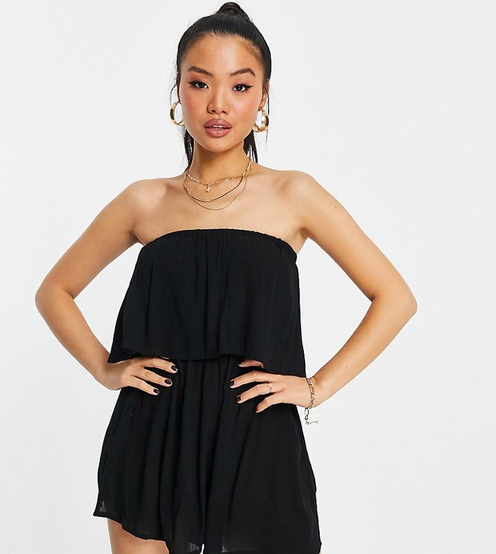 Asos Design Petite Crinkle Floaty Bandeau Beach Romper In Black