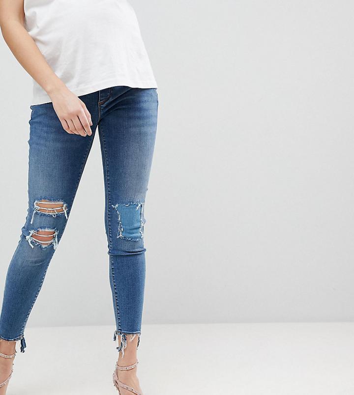 Asos Maternity Ridley High Waist Skinny Jeans With Under The Bump Waistband In Tana Extreme Mid Wash With Busted Knees - Blue