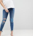 Asos Maternity Ridley High Waist Skinny Jeans With Under The Bump Waistband In Tana Extreme Mid Wash With Busted Knees - Blue