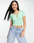 Miss Selfridge Short Sleeve Halter Strap Ribbed T-shirt In Green