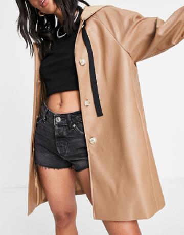 Helene Berman Short Hooded Pleather Swing Trench In Taupe-brown