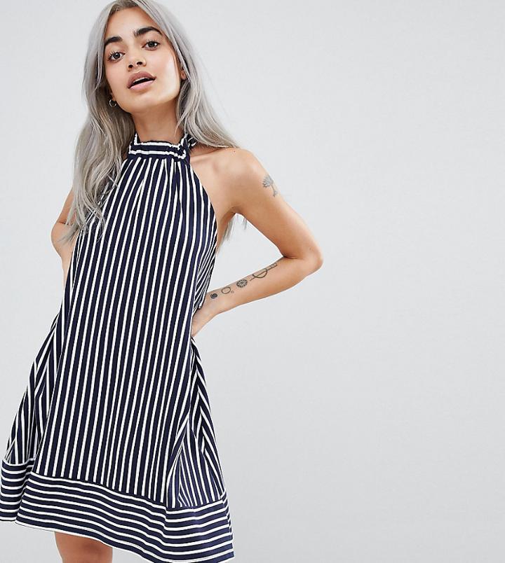 Asos Design Petite Halter Swing Sundress In Cut About Stripe - Multi