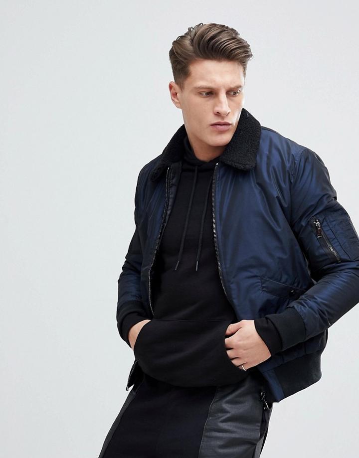 New Look Bomber Jacket With Fleece Collar In Navy - Navy