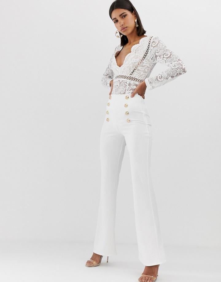 Club L Button Detail Wide Leg Pants In White - White