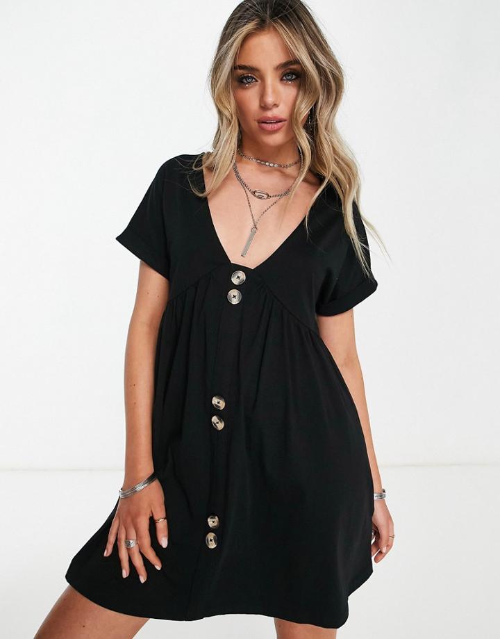 Asos Design Short Sleeve Mini Smock Dress With Large Button Detail In Black