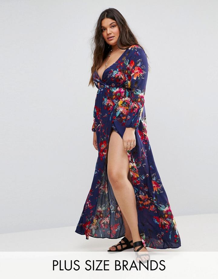 Club L Plus Long Sleeve Floral Printed Purple Maxi Dress - Multi