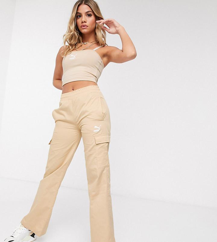 Puma Cargo Wide Leg Pants In Pebble Exclusive To Asos-white
