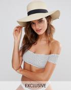 Southbeach Straw Floppy Hat With Contrast Black Band - Beige