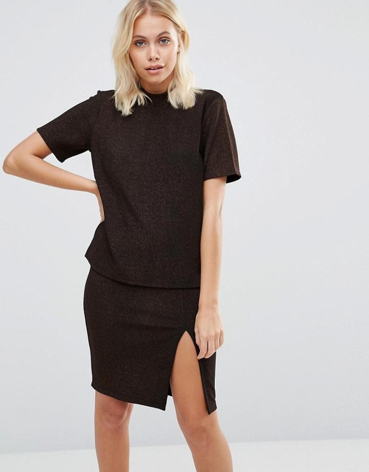 Vila Metallic Thread Short Sleeve Top - Gold