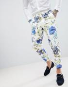 Asos Design Wedding Skinny Crop Suit Pants In White Cotton Floral Print - White