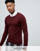 Asos Design Tall Muscle Fit Merino Wool Sweater In Burgundy - Red
